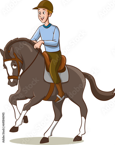 Illustration of a man riding a horse on a white background.