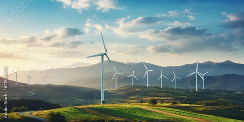AI Generated. AI Generative. Wind mill eco power electric generator innovation alternative energy. Nature outdoor background
