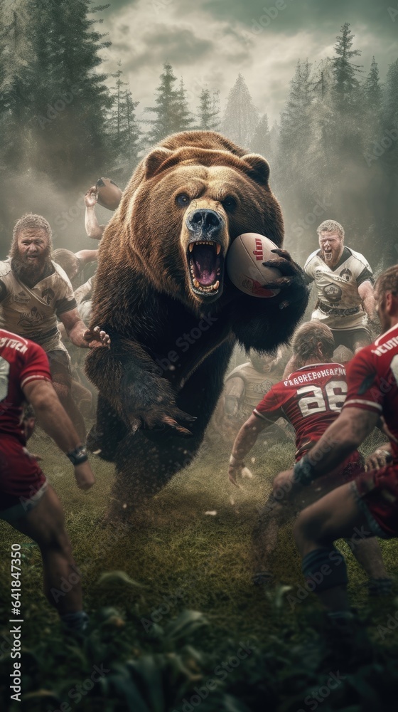 grizzly bear playing rugby american football running with ball humanized realistic photography