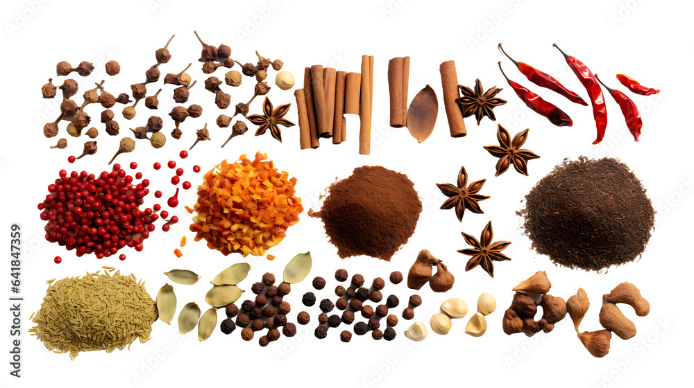 Different spices isolated on backgorund, top view. Generative AI - obrazy, fototapety, plakaty 