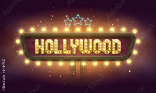 Bright Hollywood sign with a retro billboard. Movie banner or poster in retro style. Vector illustration.