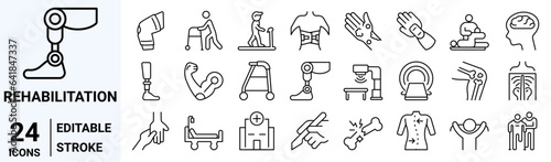 Set of 24 line icons Physiotherapy, rehabilitation, prosthetics. editable stroke Vector illustration