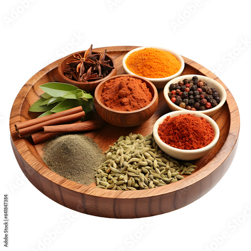 Fototapeta Naklejka Na Ścianę i Meble -  Different indian spices in a round wooden board. Generative AI