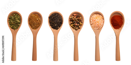 Various spices in wooden spoons, top view. Generative AI