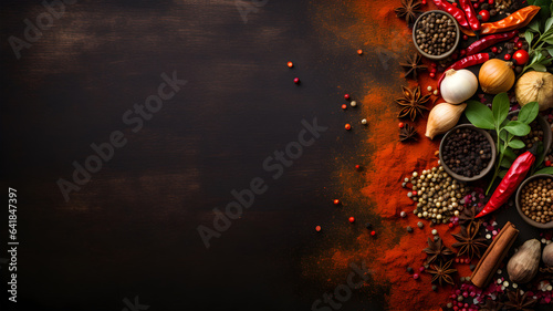 Various Spices and herbs elements isolated on black background with copy space, top view. Generative AI