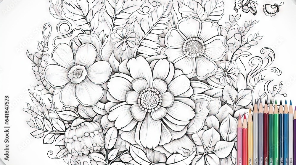 Fototapeta premium a drawing of a bouquet of flowers with a butterfly flying over it. generative ai