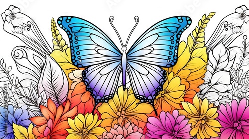  a blue butterfly sitting on top of a bunch of flowers.  generative ai