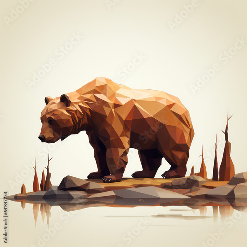 Low poly brown bear in 3d with bearish look down