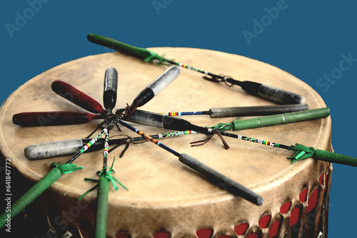 Native American beaters on Pow-Wow drum	 photo