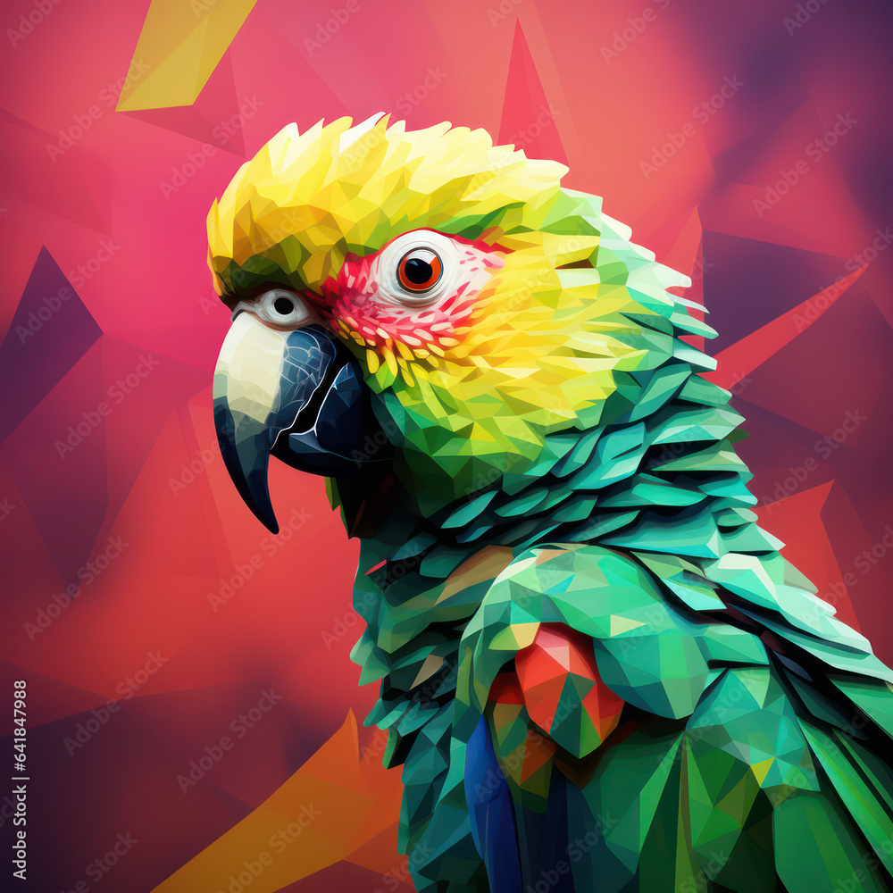 Obraz premium Colorful parrot with green feathers in low poly with red background