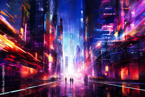 Digital futuristic neon city street illustration.