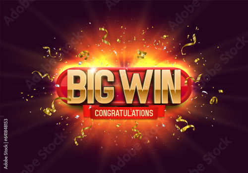 Shining sign Big Win with confetti on bright background. Vector illustration.