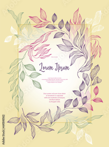 Bay leaves frame vector greeting card template. Rustic card design with laure...