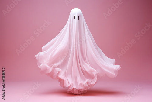 Flying and flowing white ghost sheet costume with black eyes isolated on pink background. Minimal Halloween scary concept with creepy cute ghostly silhouette. Wallpaper with copy space.