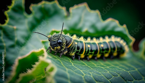 Caterpillar on vegetable leaves, pest control in agriculture concept. Generative AI, © Яна Ерік Татевосян