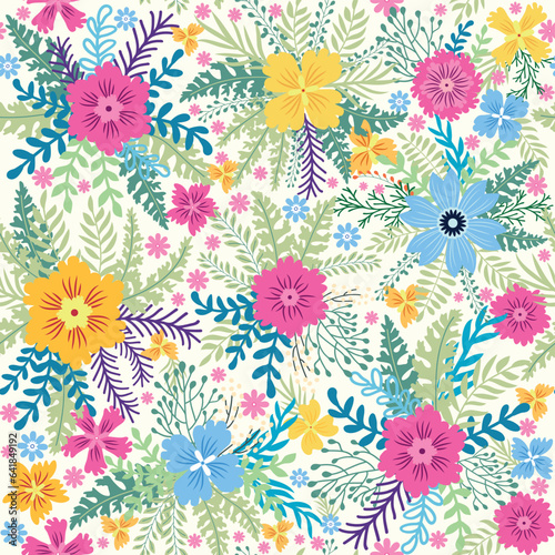 Fairy meadow with flowers seamless pattern. Cute feminine design