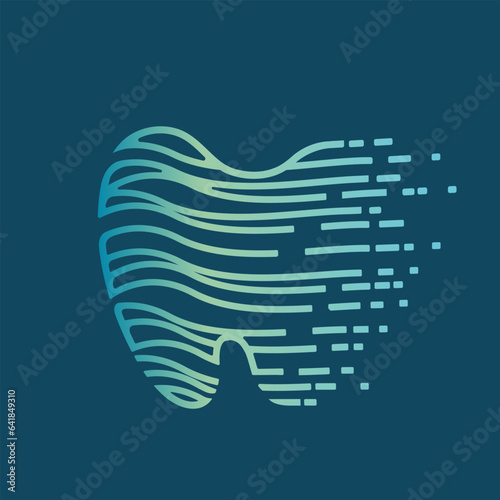 Tooth logo for dental, oral care, health and cosmetic product brand. Geometric style dentist clinic icon. Stomatology research sign isolated on dark fund. Endodontic root canal science treatment.