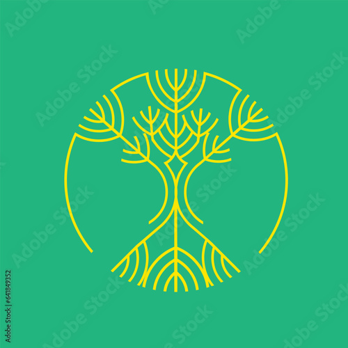 Tree logo. Nature element isolated on green fund. Decorative lines organic icon for beauty, spa, eco, natural food, environmental brand. Plant sign. Fresh geometric shape. Circular emblem.