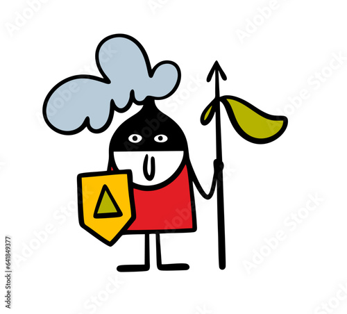 Cartoon knight stickman holds a sharp spear and guards the entrance to the castle. Vector illustration of a medieval warrior in helmet and armor with a shield.