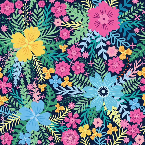 Fairy meadow with flowers seamless pattern. Cute feminine design