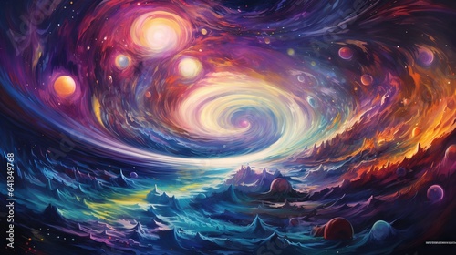  a painting of a colorful swirl with stars and planets in the background. generative ai