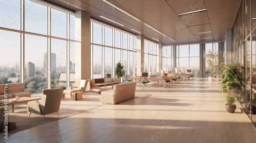 Beige and Brown Serenity: Panoramic Windows Illuminate Modern Office Hall © Martin Studio