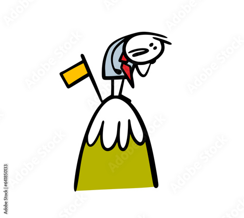 Sad businessman stands on the top of a mountain and looks down in fright, does not know how to get off. Vector illustration of the flag and achievements.