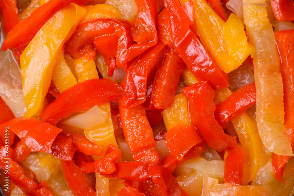 Delicious fresh saute sweet bell pepper slices with onion, salt, spices and herbs Delicious fresh saute sweet bell pepper slices with onion, salt, spices and herbs