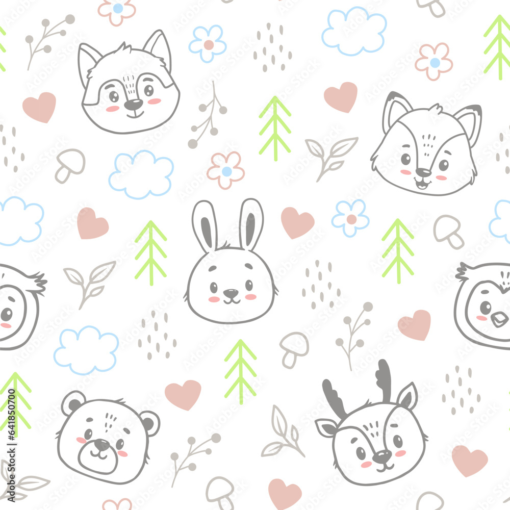 Seamless pattern with cute cartoon animals face , hand drawn forest background with clouds, flowers, paws and dots. Vector