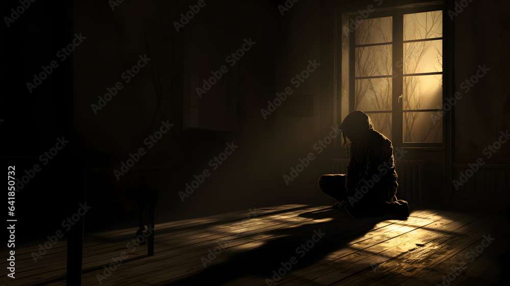 A figure sitting alone in a dimly lit room highlighting feelings of isolation. - obrazy, fototapety, plakaty 