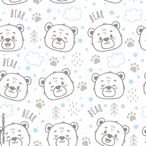 Seamless pattern with cute cartoon bear , hand drawn forest background with clouds, paws and dots. Vector