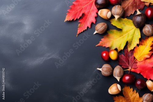 Autumn background with nuts acorns and red autumn leaves