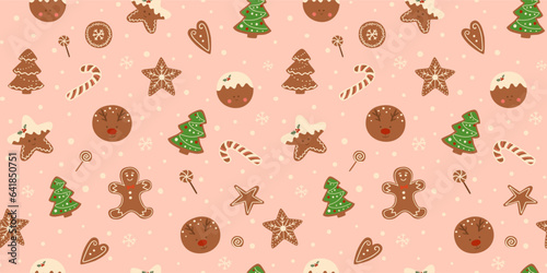 Christmas cookies seamless pattern on pink background. Vector Christmas dessert repeat print, hand drawn tasty gingerbread illustration. Sweet design for wallpaper, textile, backdrop, wrapping paper.