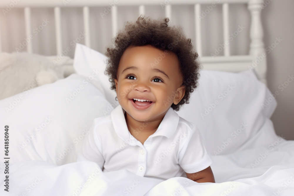 Joyful African American Baby Boy with Cute Smile Sitting on White Bed Joyful African American Baby Boy with Cute Smile Sitting on White Bed
