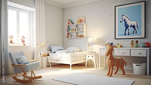 a children's room designed in Scandinavian style, featuring a white bed and a charming rocking horse. The bright colors add a playful touch to the minimalist decor. © lililia