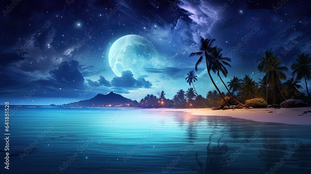 a stunning tropical beach illuminated by the full moon, while the Milky Way sprawls across the night sky. The scene combines the serenity of the beach with the awe of the cosmos. a stunning tropical beach illuminated by the full moon, while the Milky Way sprawls across the night sky. The scene combines the serenity of the beach with the awe of the cosmos.