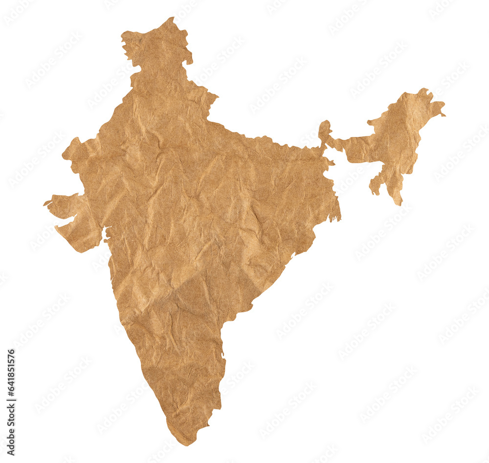 illustration of map of India on old crumpled brown grunge paper