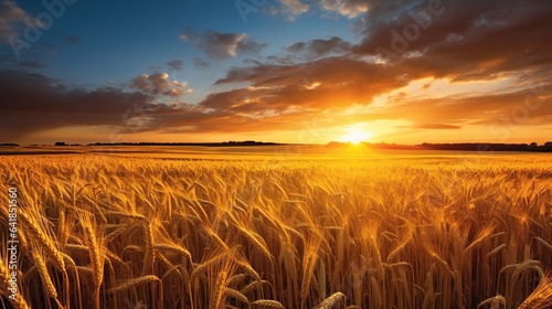  a field of wheat at sunset with the sun shining through the clouds. generative ai