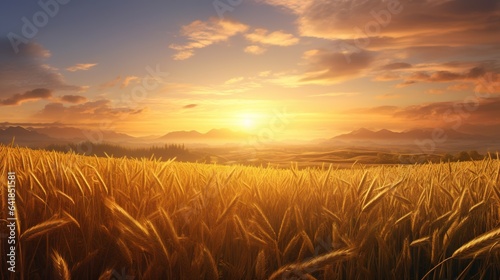  a field of wheat with the sun setting in the background.  generative ai © Anna