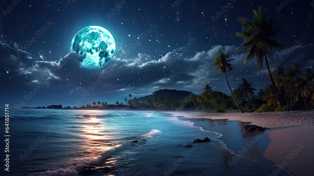 Fototapeta premium a stunning tropical beach illuminated by the full moon, while the Milky Way sprawls across the night sky. The scene combines the serenity of the beach with the awe of the cosmos.