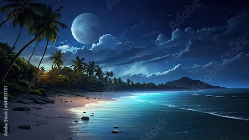 a stunning tropical beach illuminated by the full moon  while the Milky Way sprawls across the night sky. The scene combines the serenity of the beach with the awe of the cosmos.