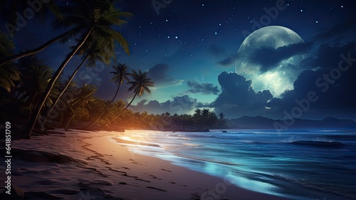 a stunning tropical beach illuminated by the full moon  while the Milky Way sprawls across the night sky. The scene combines the serenity of the beach with the awe of the cosmos.