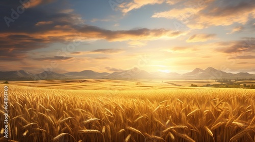  a painting of a wheat field with the sun setting in the background. generative ai