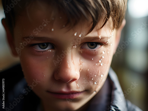 Close up of a tear rolling down a boys face photo