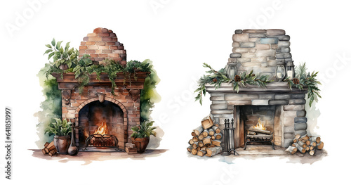 Christmas fireplace watercolor clipart illustration with isolated background