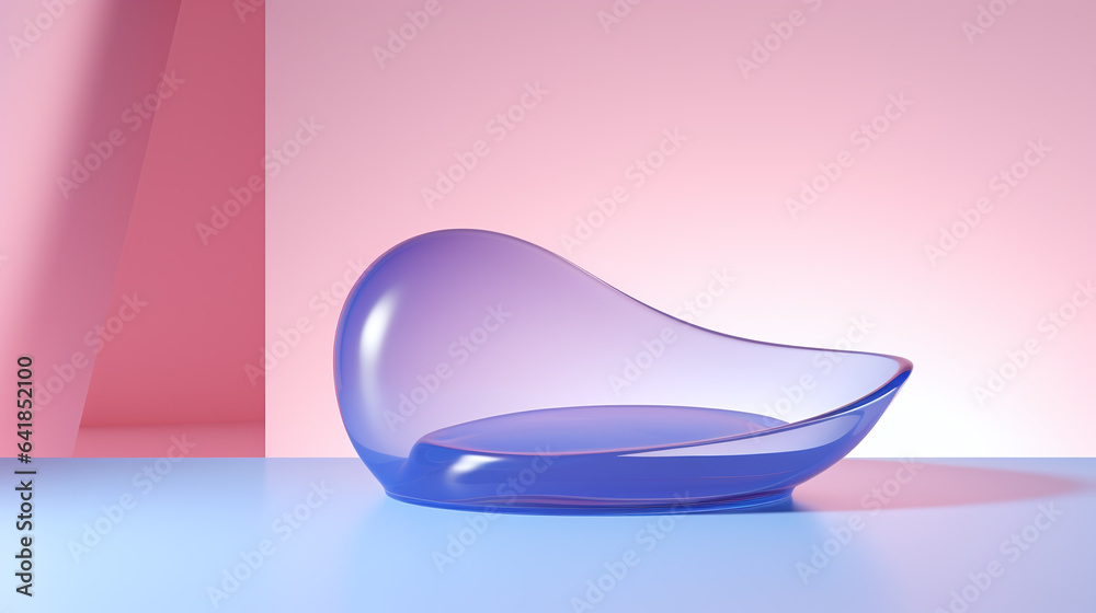 Minimalistic product mockup background with abstract formless glass dais. Modern art product mockup in retro futuristic style with pink and blue color background for perfume or cosmetic products Minimalistic product mockup background with abstract formless glass dais. Modern art product mockup in retro futuristic style with pink and blue color background for perfume or cosmetic products