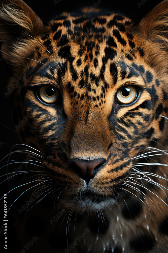 Naklejka premium closeup of a leopard on black background, portrait photo.genearative ai
