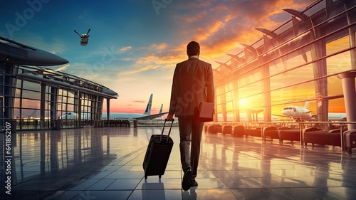 a businessman's back view at the airport, holding a suitcase in hand. The scene conveys the anticipation and readiness associated with a journey.