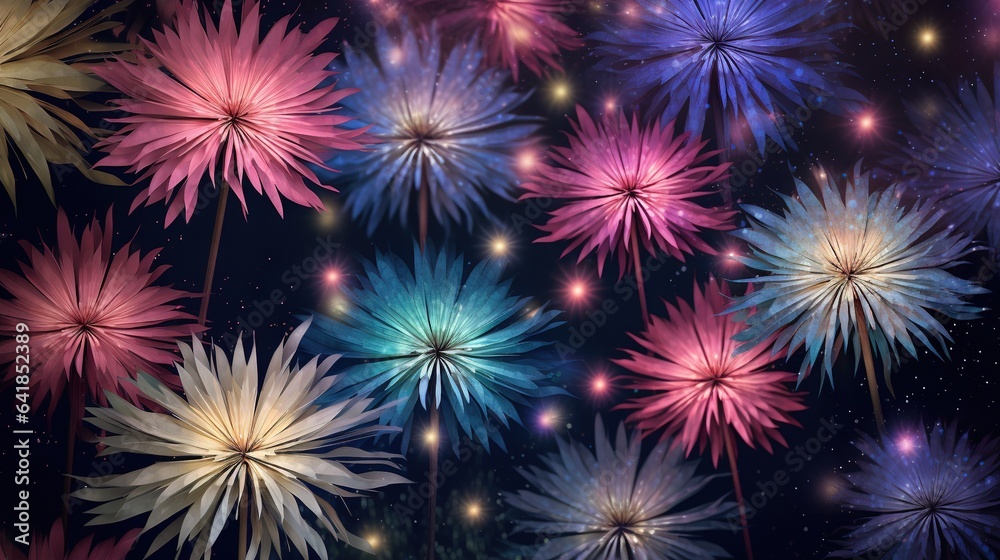  a bunch of flowers that are on a black background with stars.  generative ai