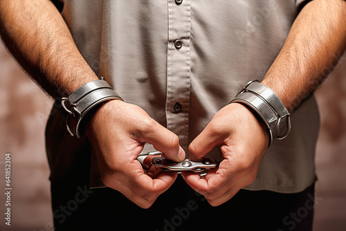 Handcuffed hands close-up. © ЮРИЙ ПОЗДНИКОВ